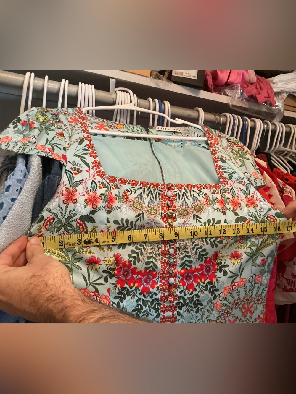 Alice + Olivia Floral Patchwork Midi Dress in Light Blue and Rust - Picture 9 of 10